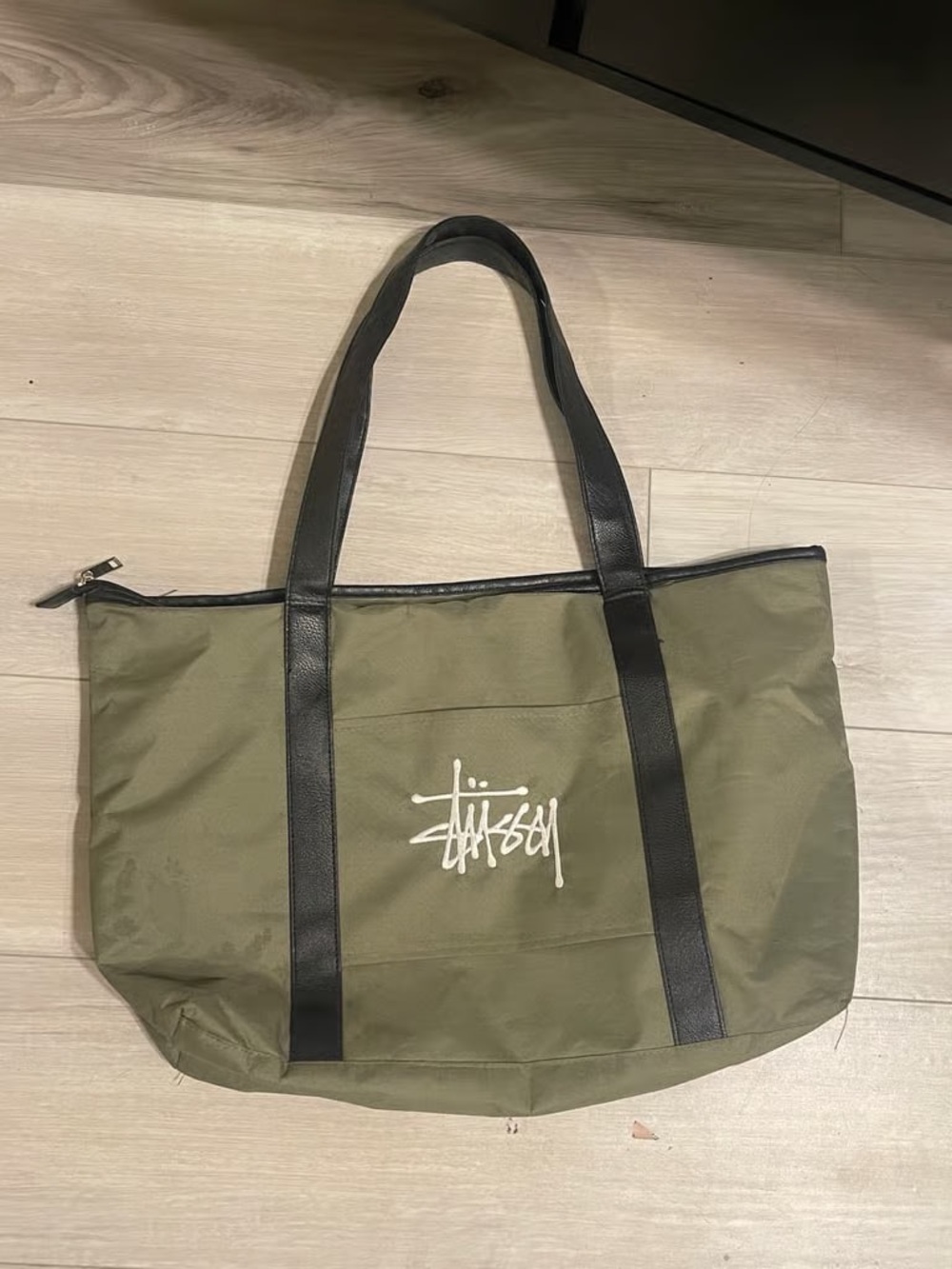 Stussy Olive and Black Canvas Tote with White Logo